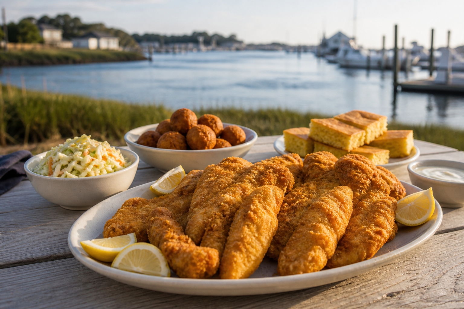 Traditional community fish fry meal beside a waterfront marina