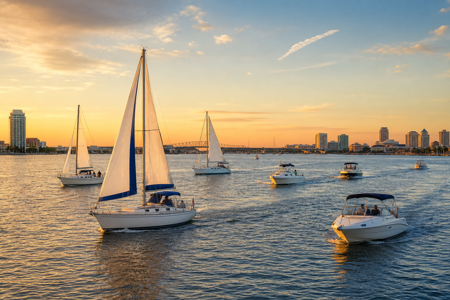 Sailboats and powerboats cruising together at sunset on the Jacksonville riverfront
