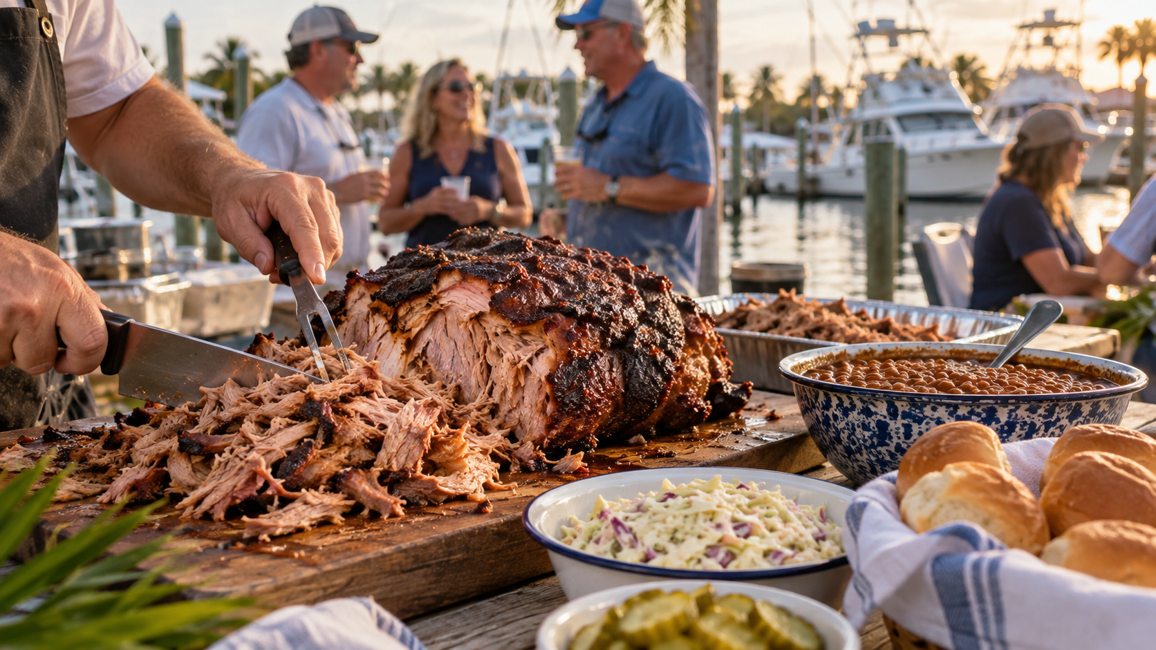 Roasted pork shoulder and barbecue sides at a waterfront pig roast