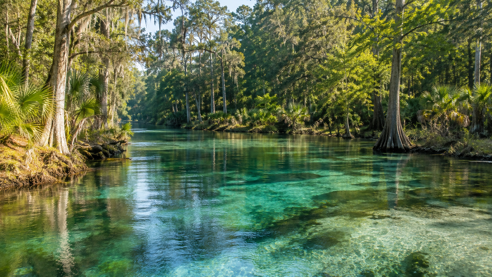 Clear turquoise water flowing through the tree-lined Ichetucknee River