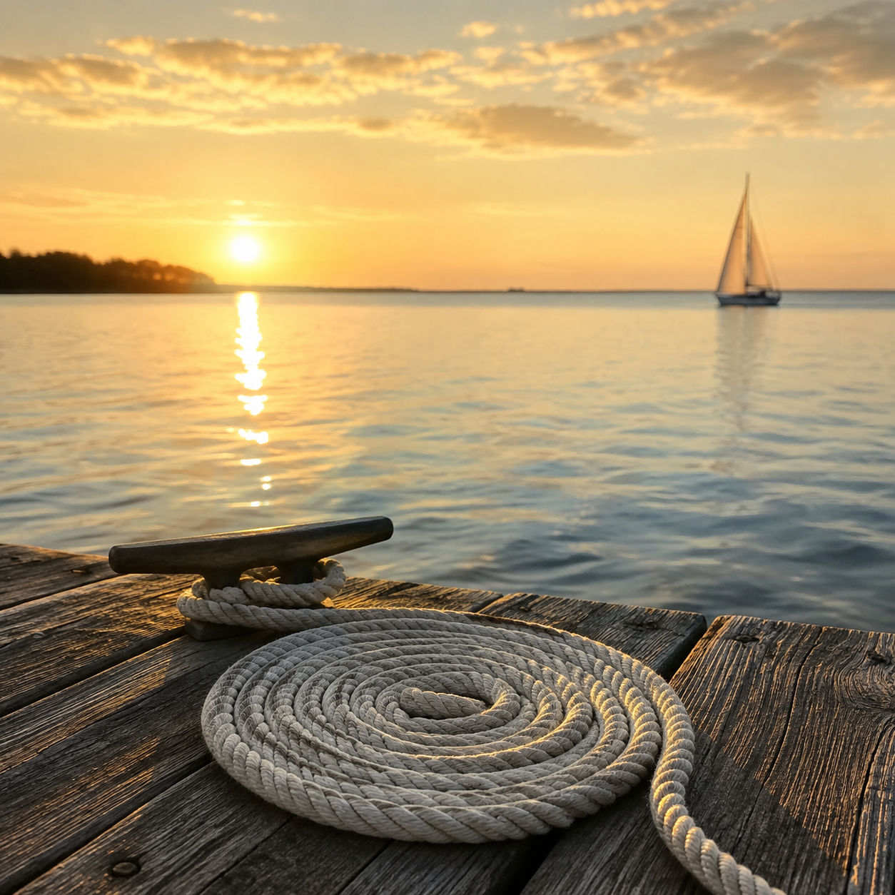 A coiled mooring line on a quiet dock at sunset, with a sailboat in the distance