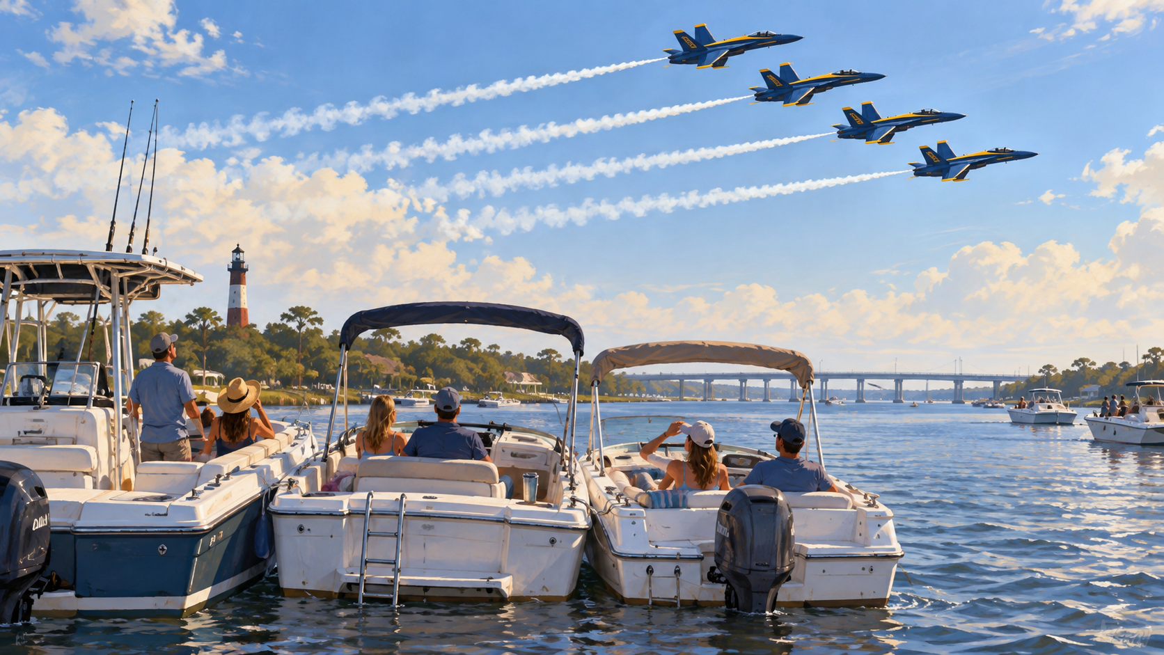 Boats rafted together on a river as blue-and-yellow jets fly overhead