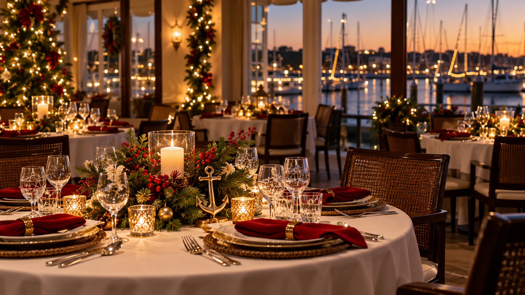 Festive holiday dinner overlooking a marina