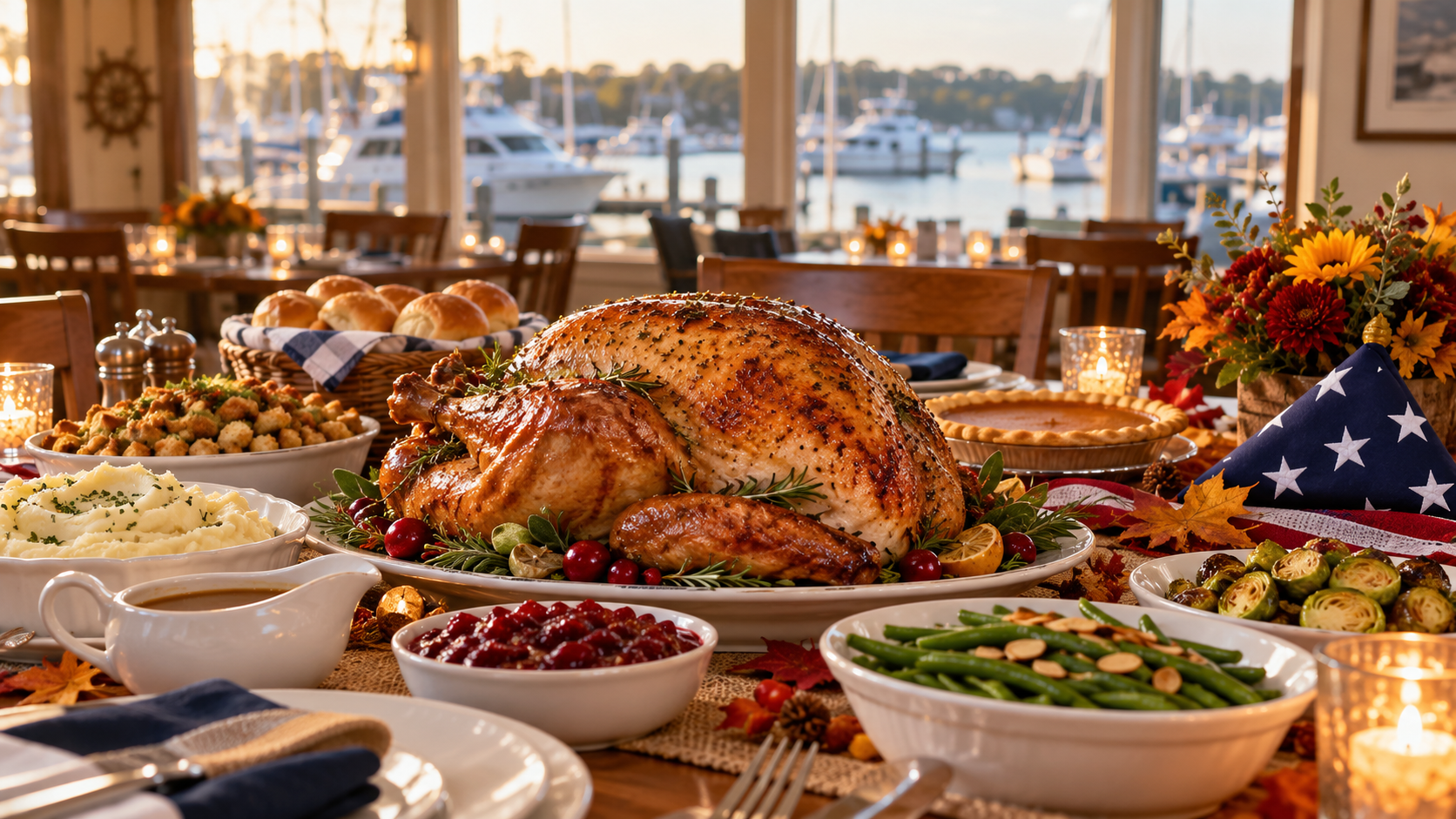 Roast turkey dinner at a marina clubhouse with military appreciation accents